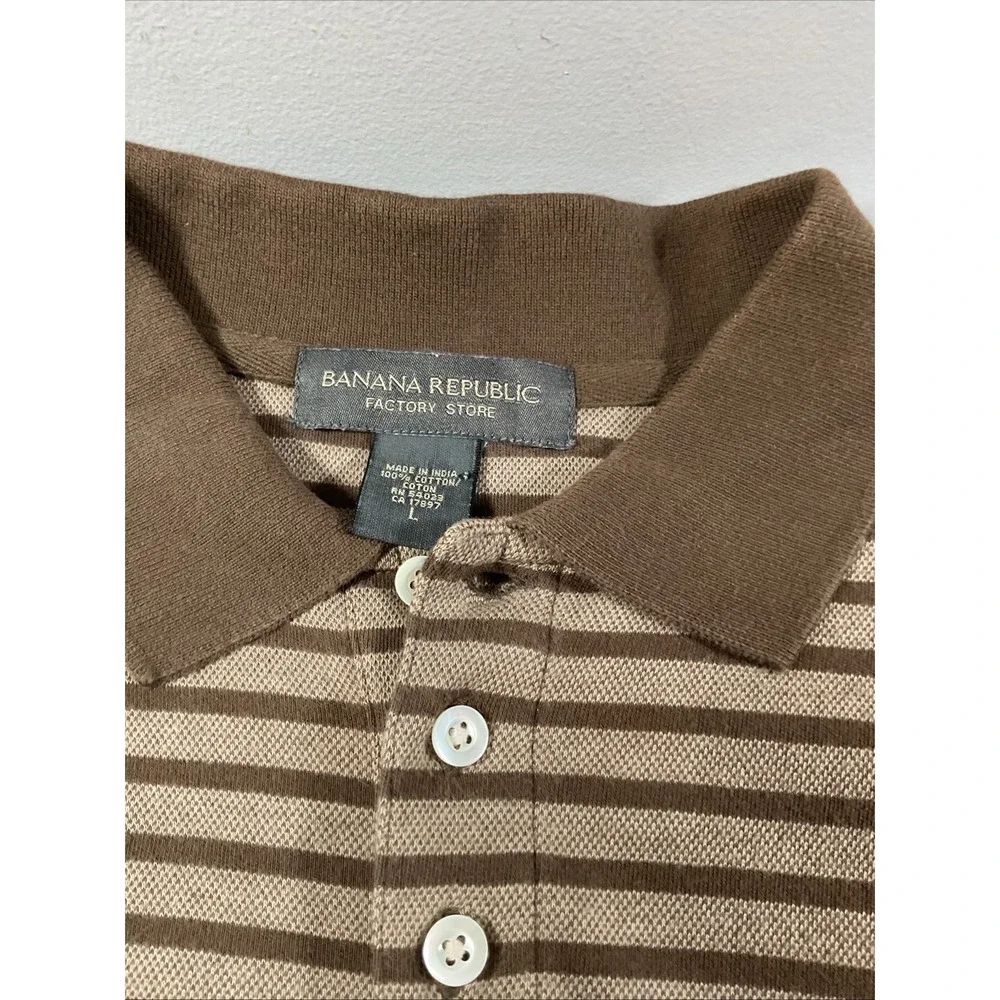 Banana Republic Men's Large Short Sleeve Varsity Polo Shirt Brown Striped.  E33‎